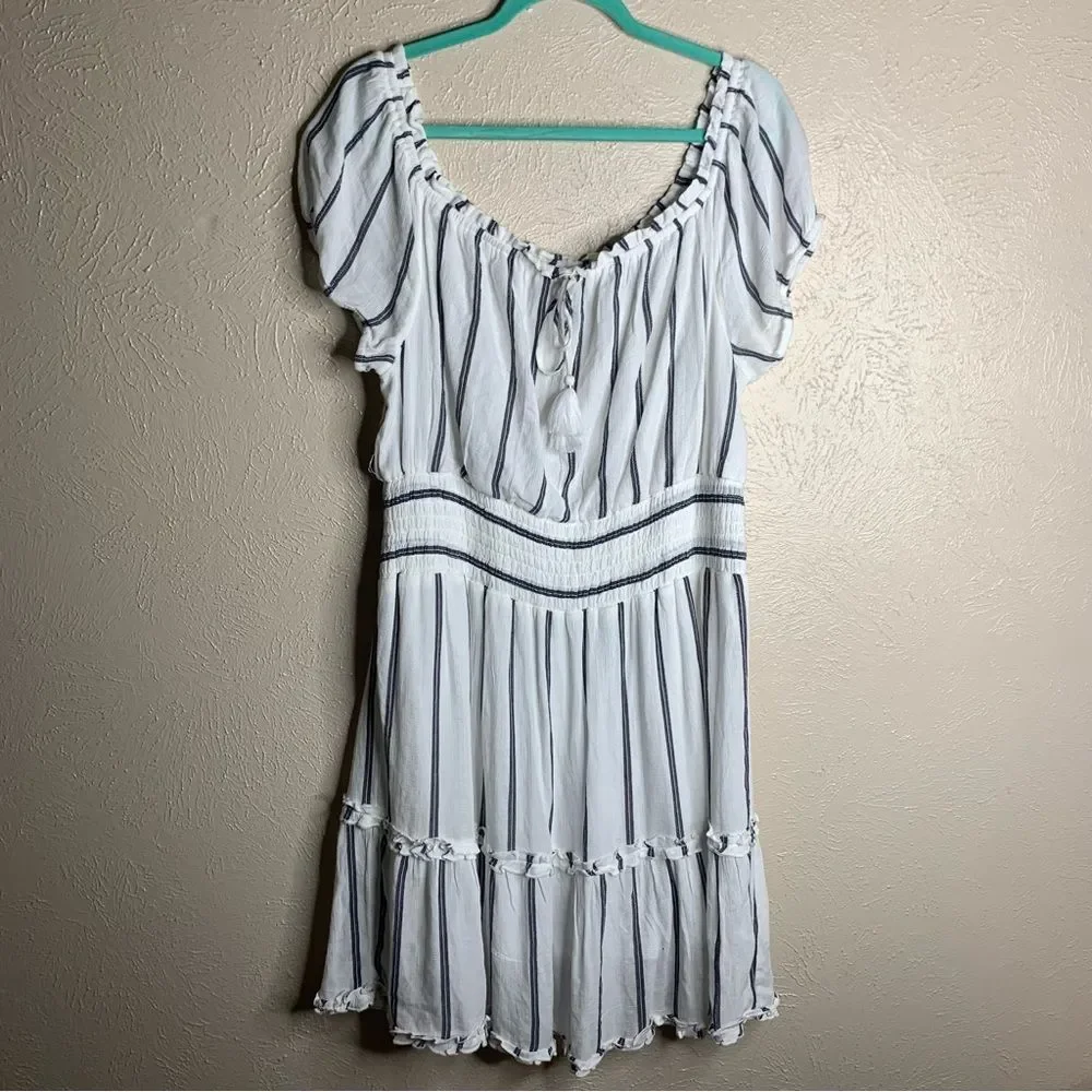 American eagle striped off shoulder ruffle tiered dress white gray - Picture 3 of 13